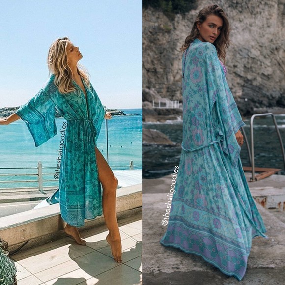 Spell Other - SPELL Buttercup Robe Blue Floral Kimono Duster Maxi